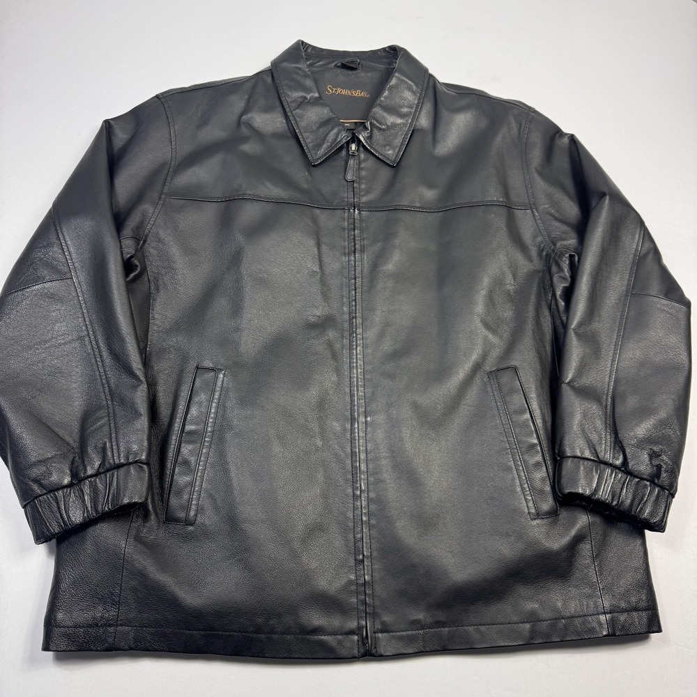 St. John's Bay Jacket Mens 2XL Black Leather Bomber Full Zip Lined Insulated